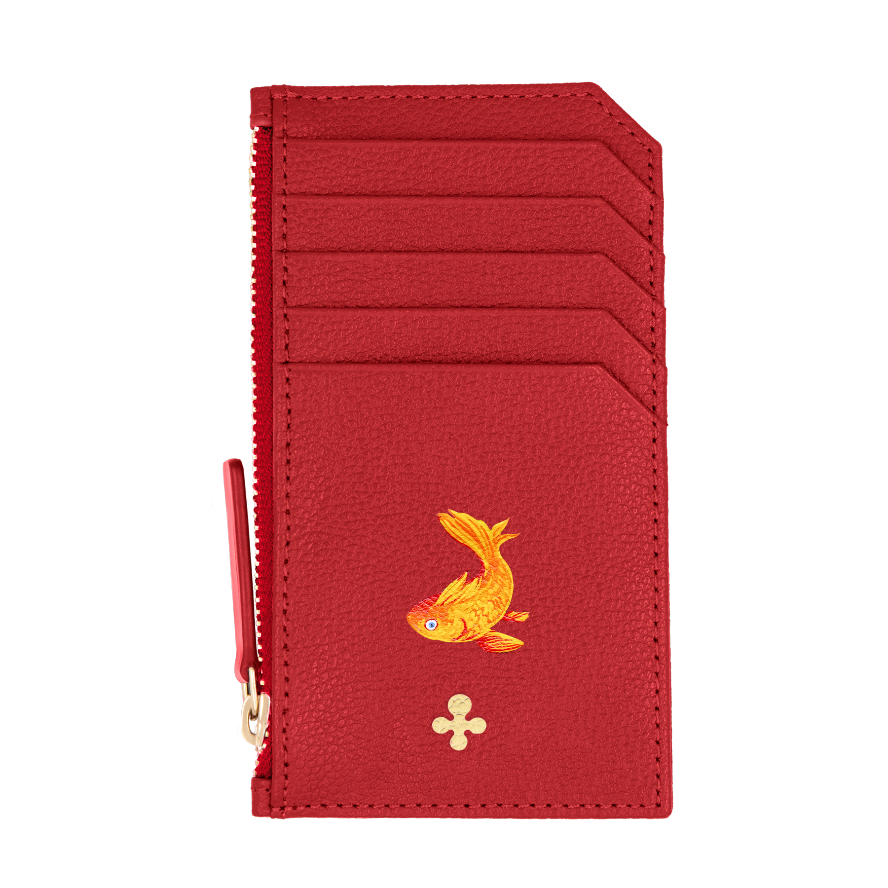 Card holder skórzany w kolorze czerwonym z wytłoczoną koniczyną