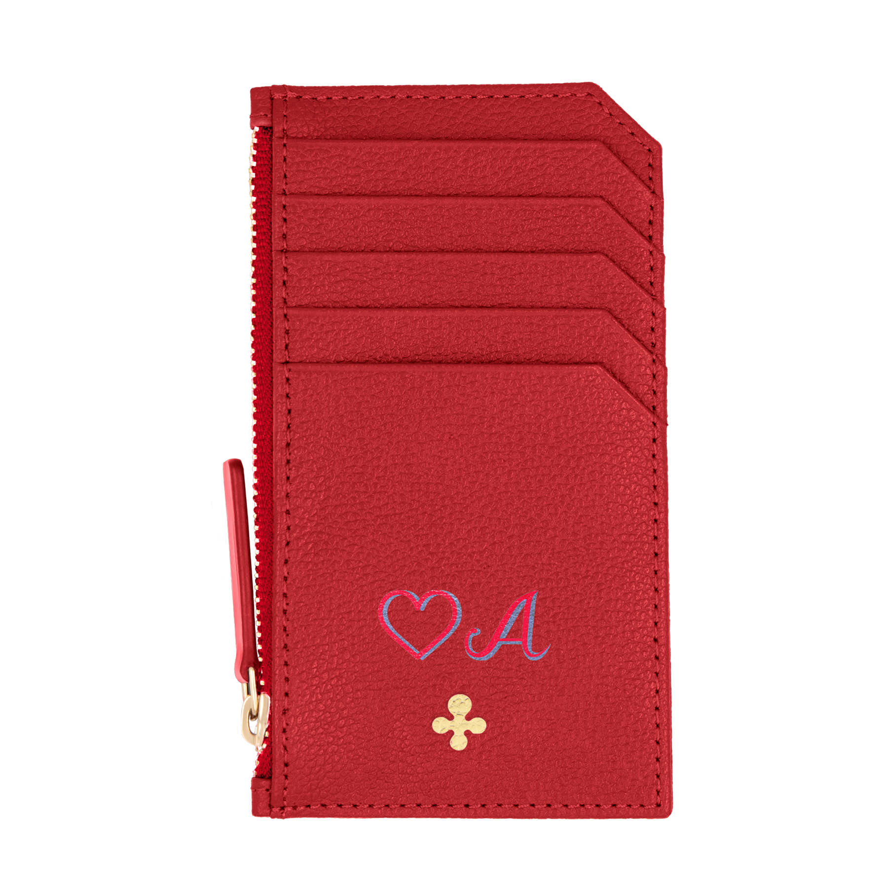 Card holder skórzany w kolorze czerwonym z wytłoczoną koniczyną
