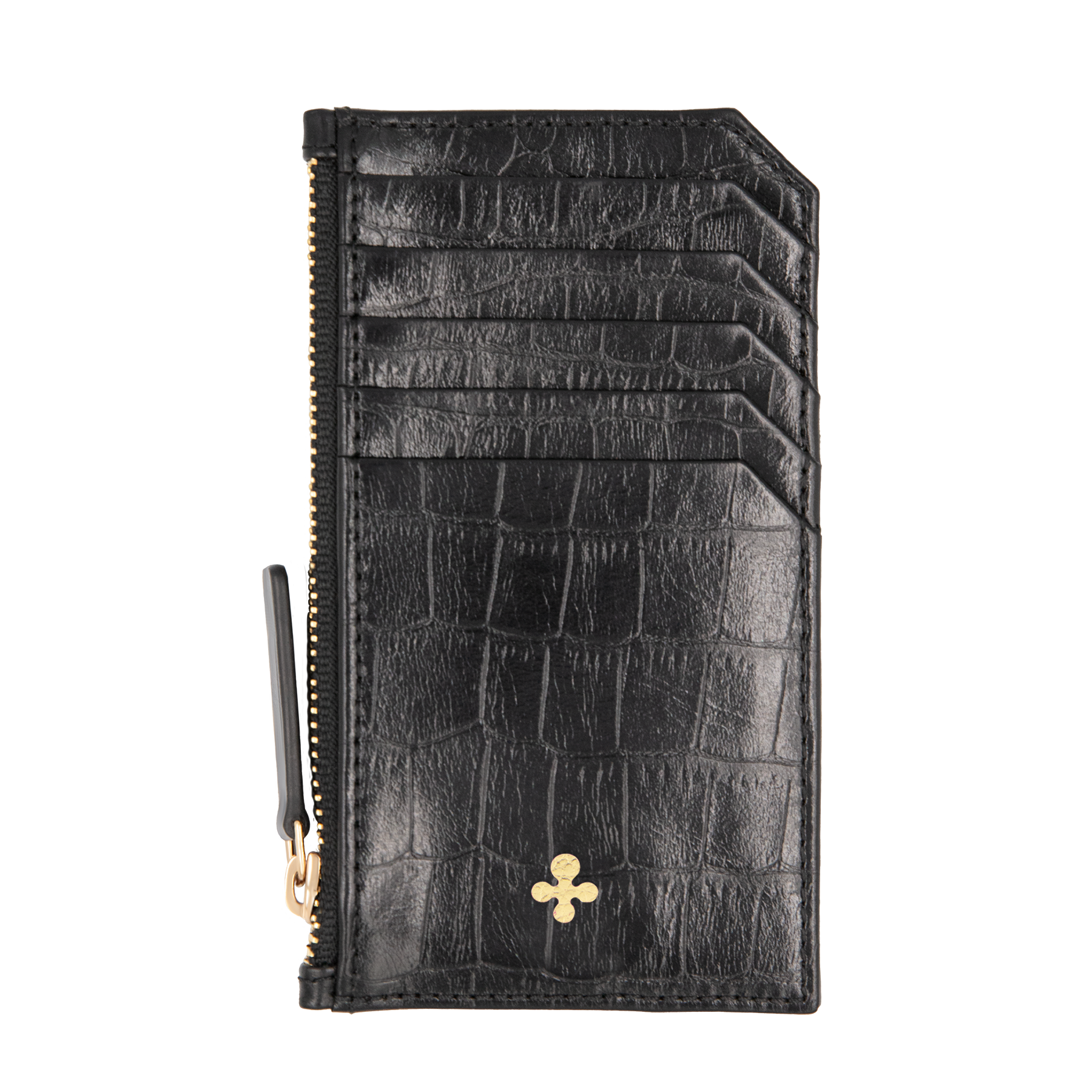 Card holder skórzany w kolorze czarnym z wytłoczoną koniczyną