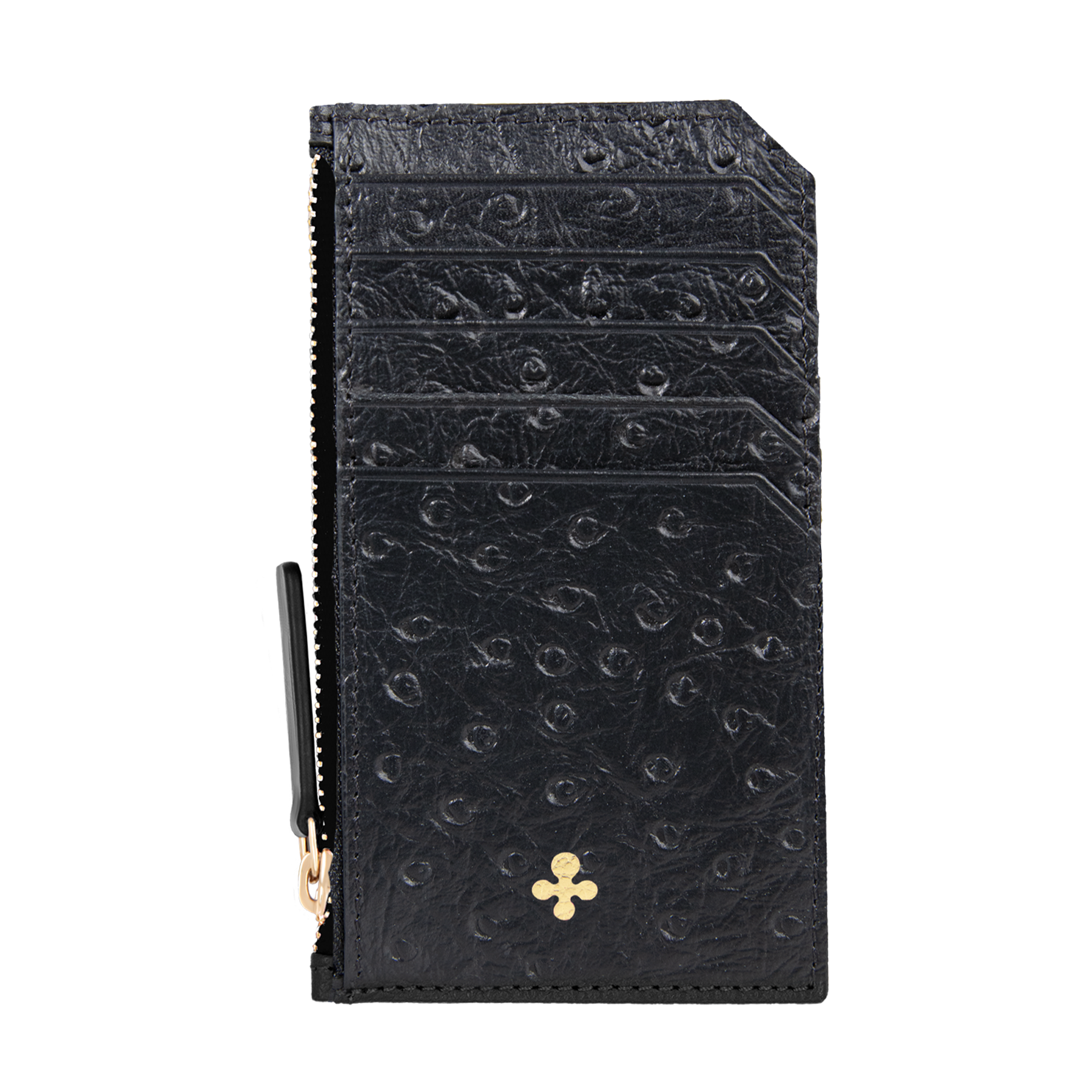 Card holder czarny we wzór skóry strusia z wytłoczoną koniczyną