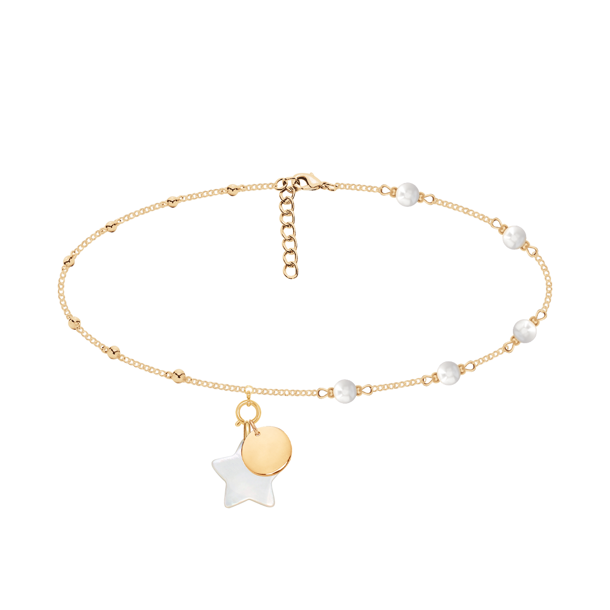 Zestaw BF 24: Choker Pearls 35+7,5 cm z zawieszkami Gwiazdka MP 1,5 cm i Medalik 1 cm, pozłacane