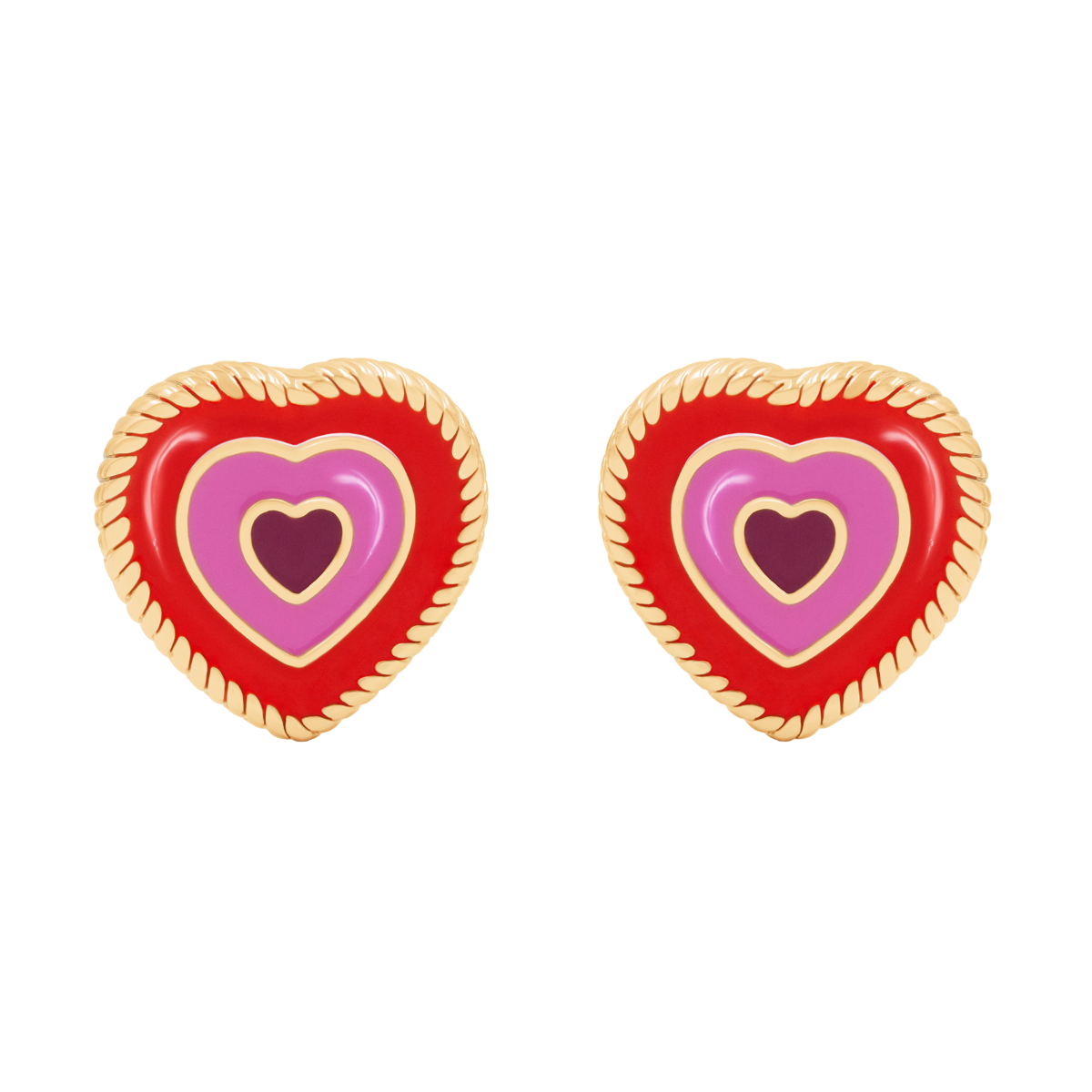 Kolczyki serca z czerwoną i różową emalią, 9 mm, pozłacane