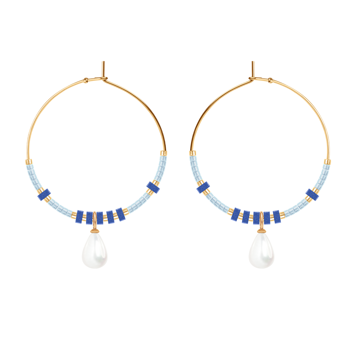 Kolczyki koła z niebieskimi japońskimi koralikami Miyuki i zawieszkami Pearls