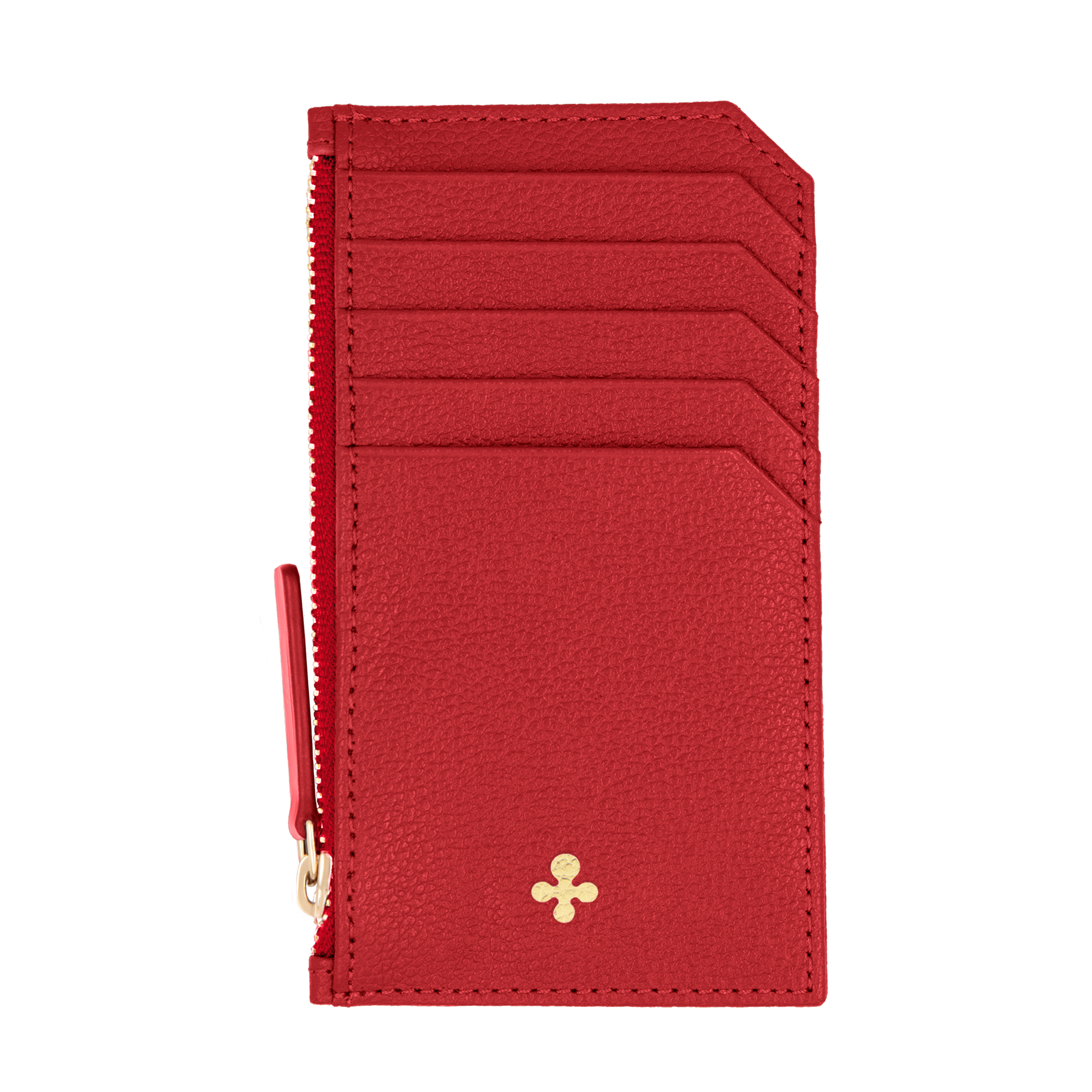 Card holder skórzany w kolorze czerwonym z wytłoczoną koniczyną