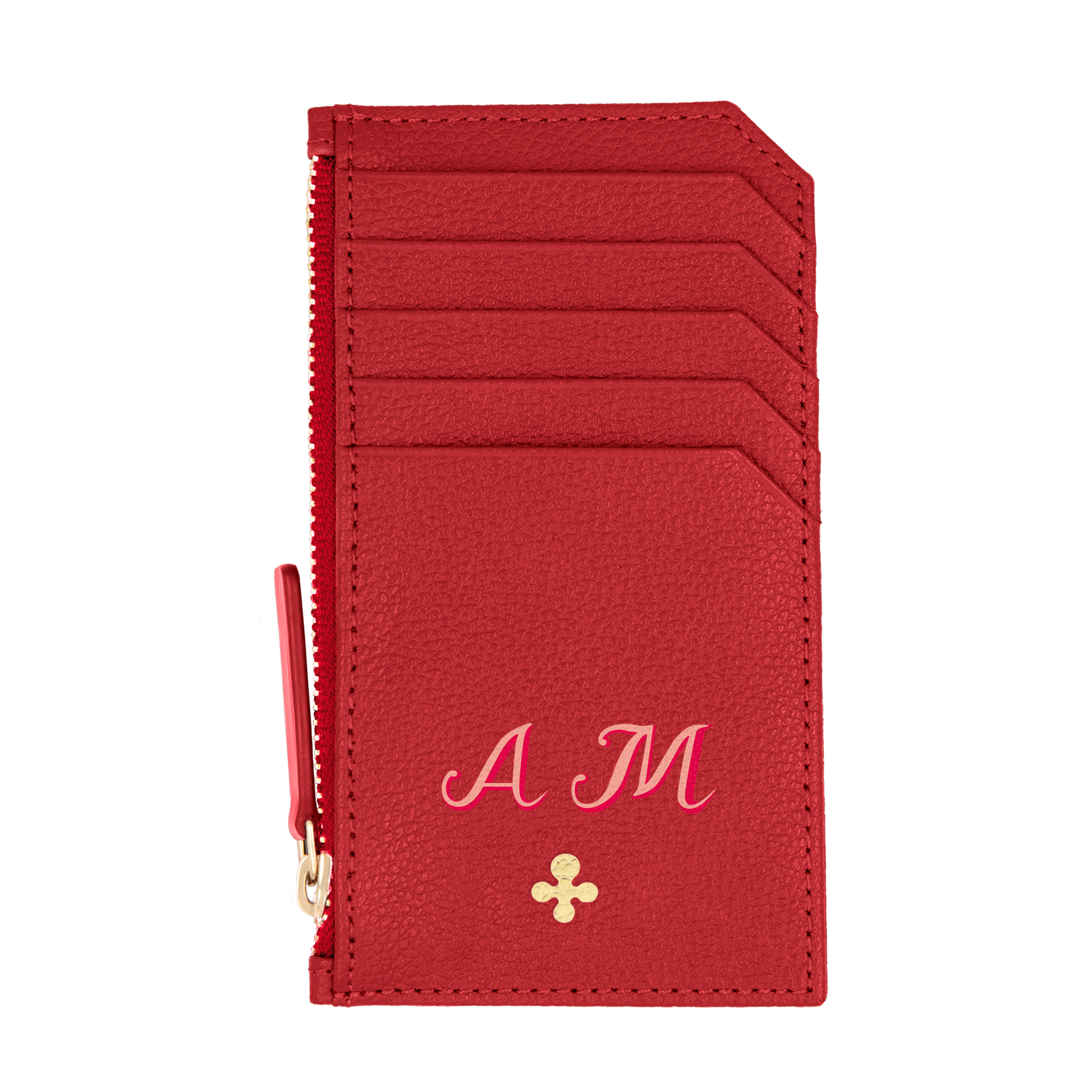 Card holder skórzany w kolorze czerwonym z wytłoczoną koniczyną