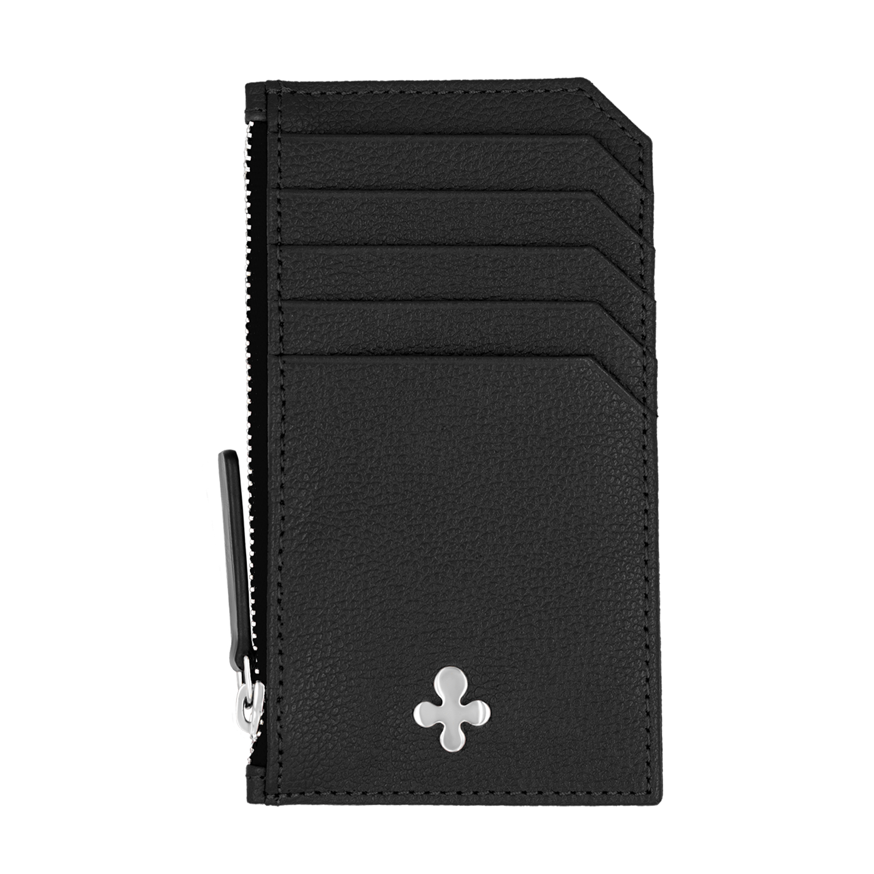 Card holder skórzany gładki w kolorze czarnym srebrny