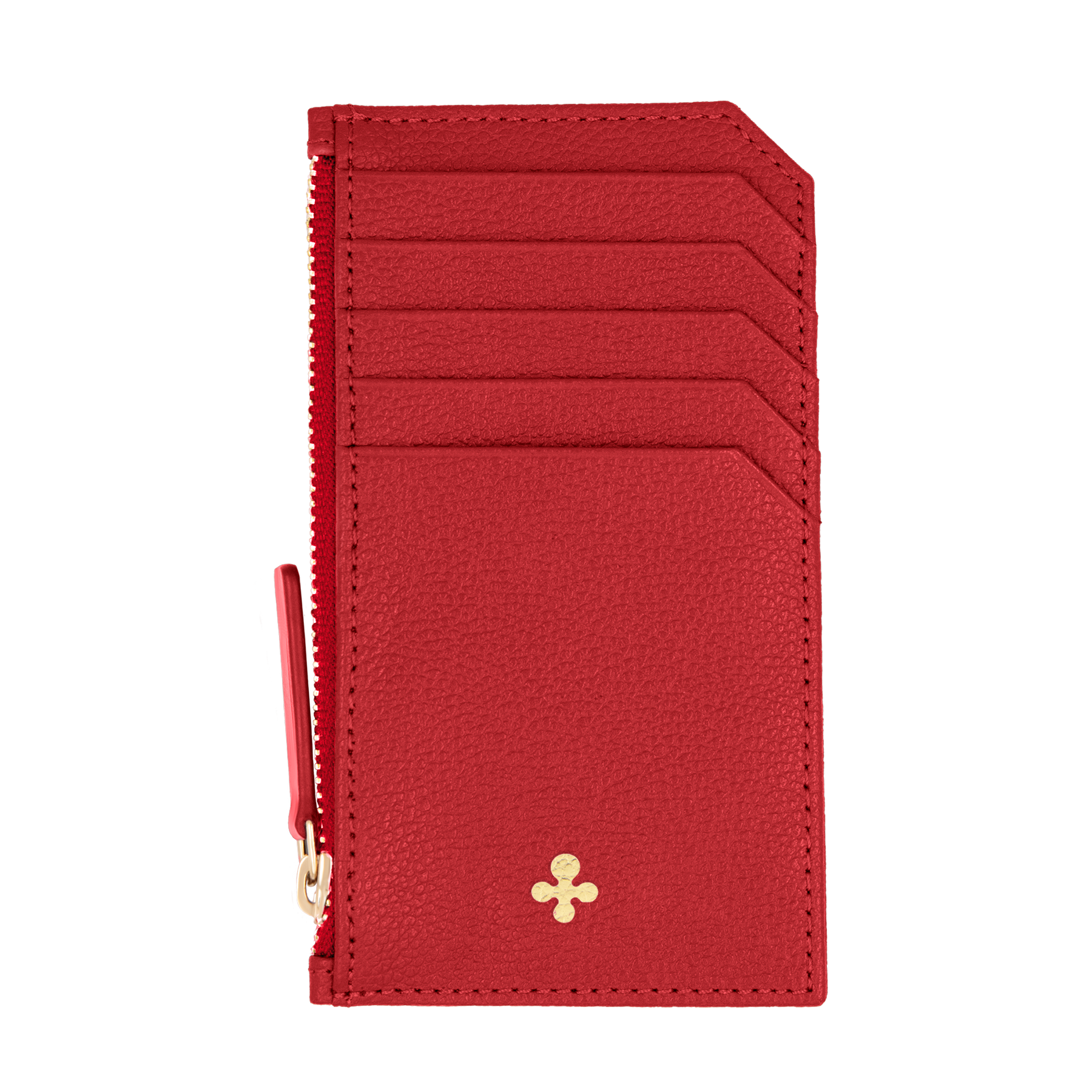 Card holder skórzany w kolorze czerwonym z wytłoczoną koniczyną