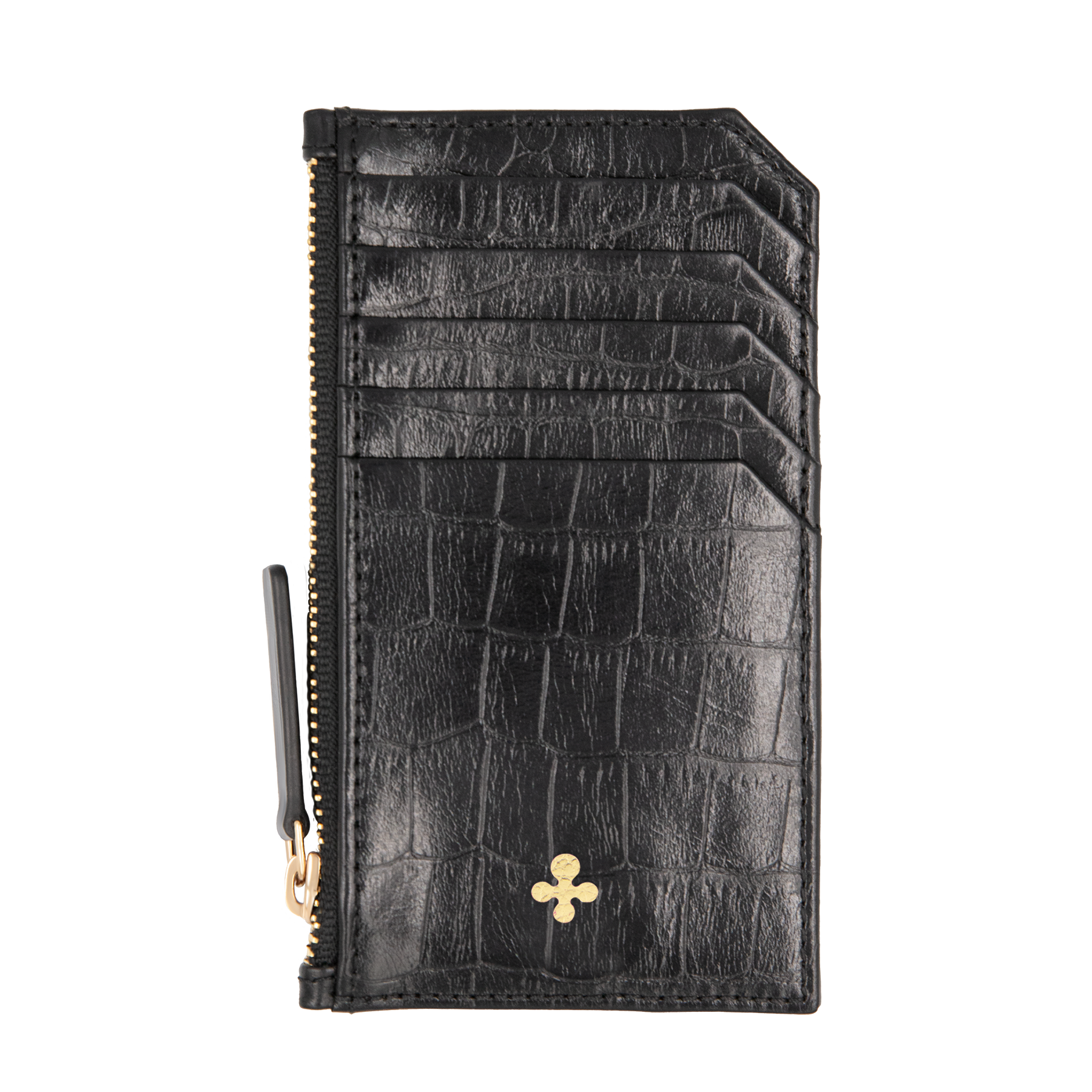 Card holder skórzany w kolorze czarnym z wytłoczoną koniczyną