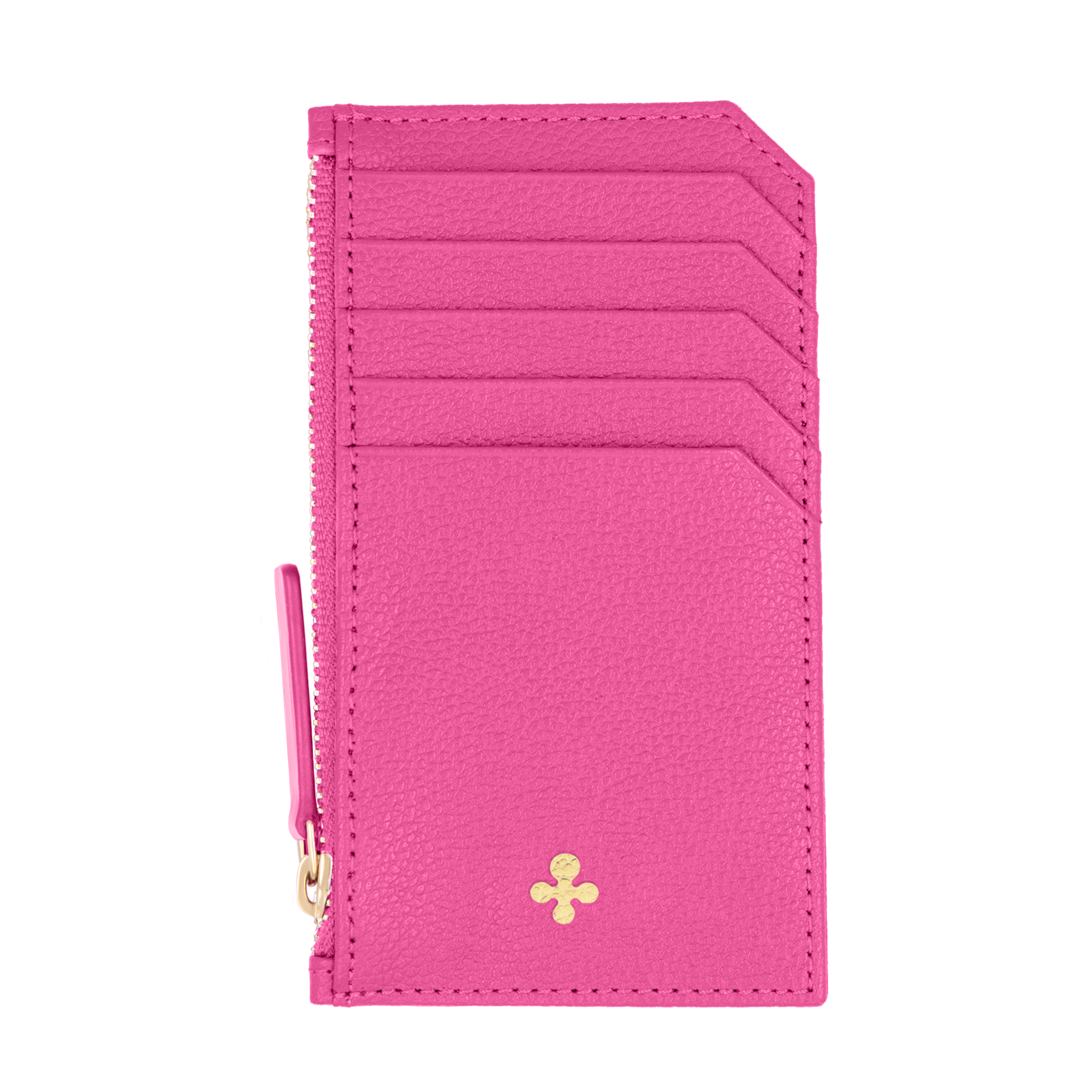 Card holder skórzany w kolorze fuksjowym z wytłoczoną koniczyną