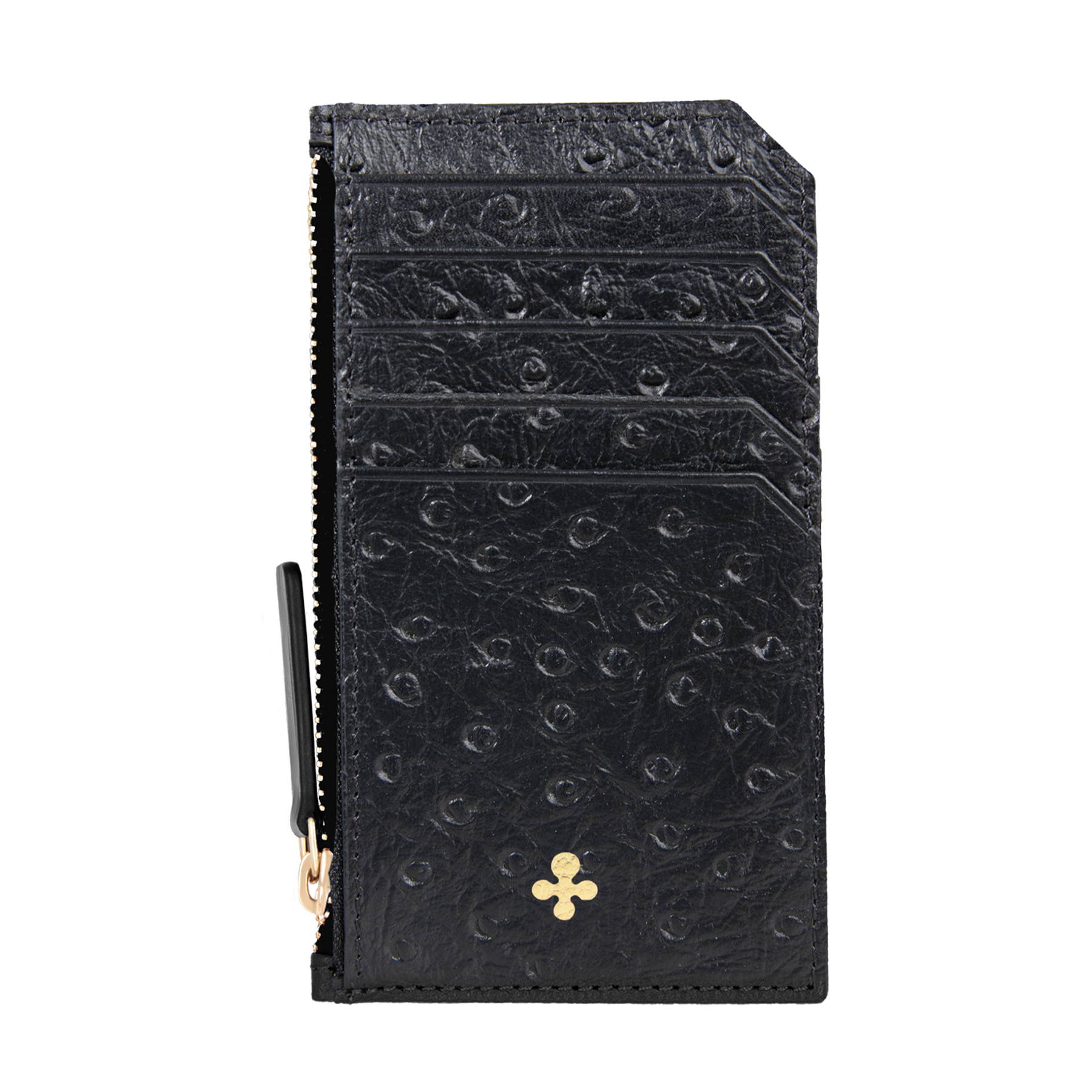 Card holder czarny we wzór skóry strusia z wytłoczoną koniczyną