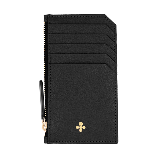 Card holder skórzany gładki w kolorze czarnym z wytłoczoną koniczyną