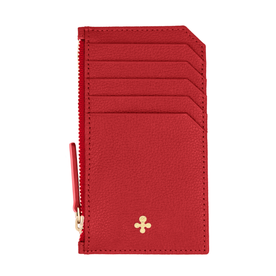 Card holder skórzany w kolorze czerwonym z wytłoczoną koniczyną
