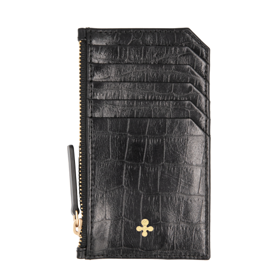 Card holder skórzany w kolorze czarnym z wytłoczoną koniczyną
