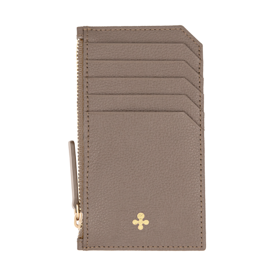 Card holder skórzany w kolorze mocca z wytłoczoną koniczyną