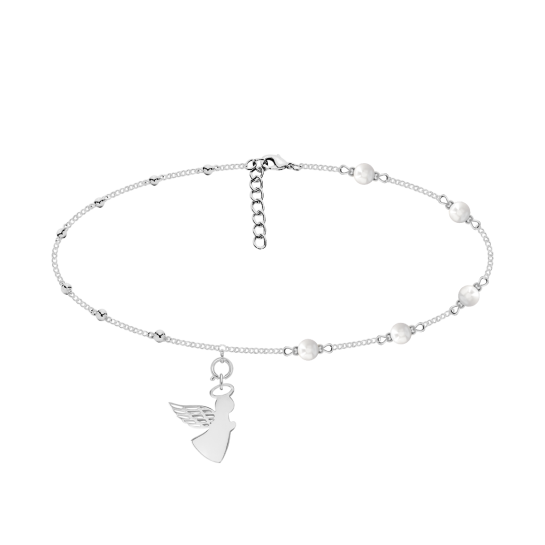 Choker z perłami z aniołkiem z ażurowym skrzydłem posrebrzany