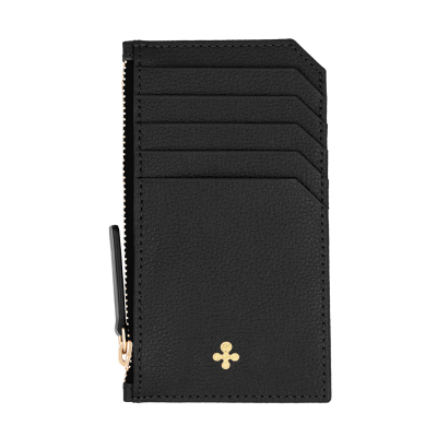Card holder skórzany gładki w kolorze czarnym z wytłoczoną koniczyną