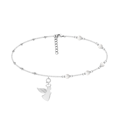 Choker z perłami z aniołkiem z ażurowym skrzydłem posrebrzany