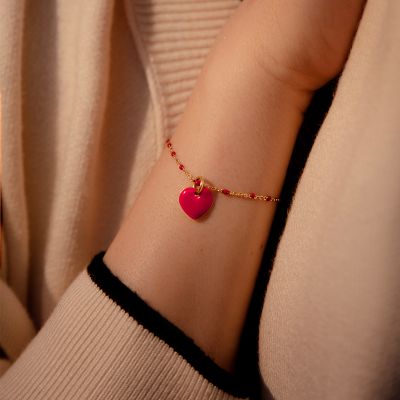 Bransoletka z sercem z czerwoną emalią pozłacana