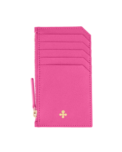 Card holder skórzany w kolorze fuksjowym z wytłoczoną koniczyną