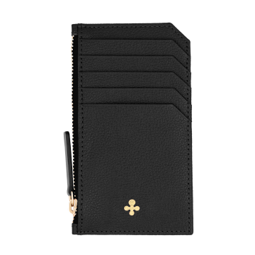 Card holder skórzany gładki w kolorze czarnym z wytłoczoną koniczyną