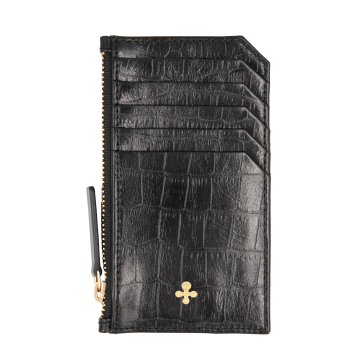 Card holder skórzany w kolorze czarnym z wytłoczoną koniczyną