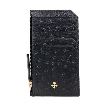 Card holder czarny we wzór skóry strusia z wytłoczoną koniczyną