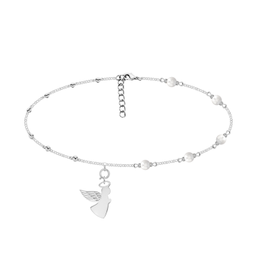 Choker z perłami z aniołkiem z ażurowym skrzydłem posrebrzany