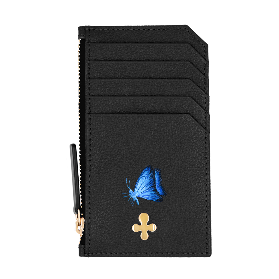 Card holder skórzany gładki w kolorze czarnym pozłacany
