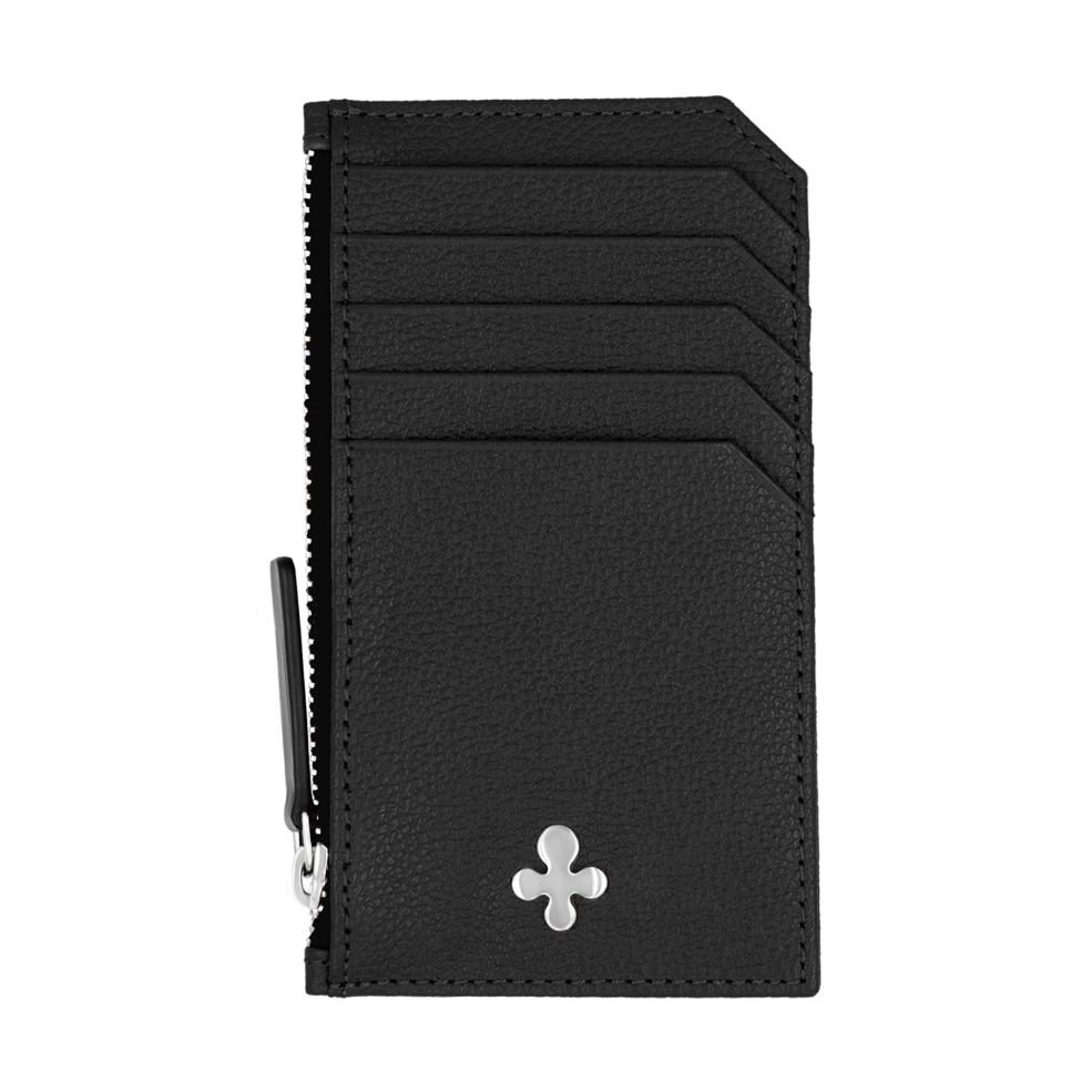 Card holder skórzany gładki w kolorze czarnym srebrny