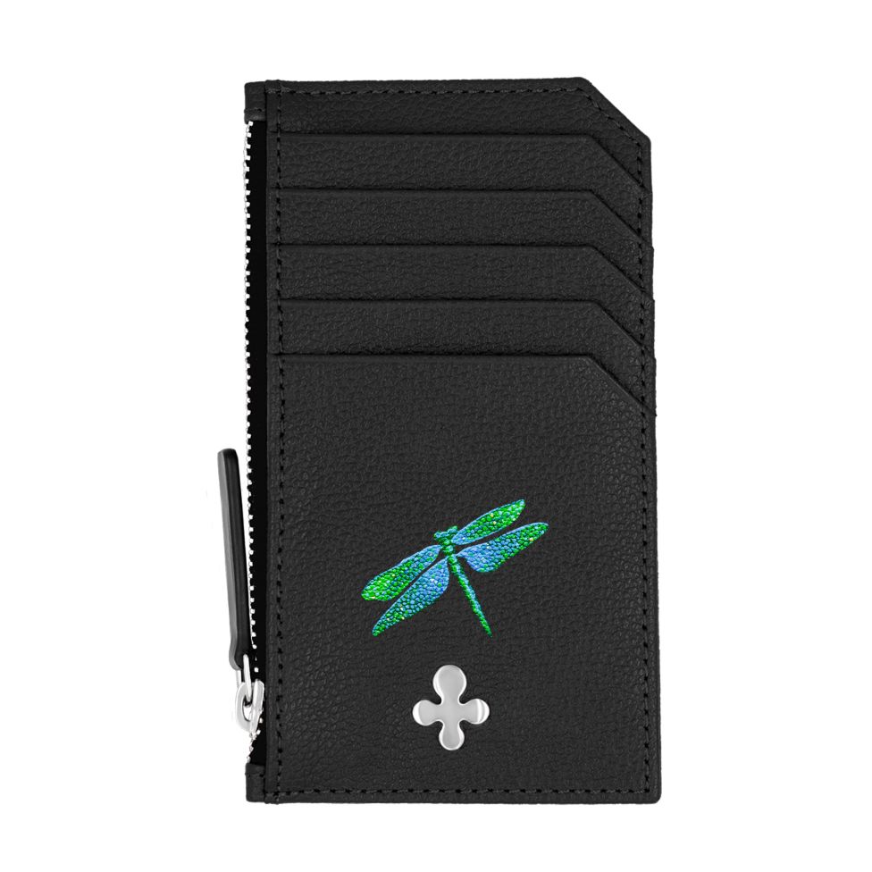 Card holder skórzany gładki w kolorze czarnym srebrny