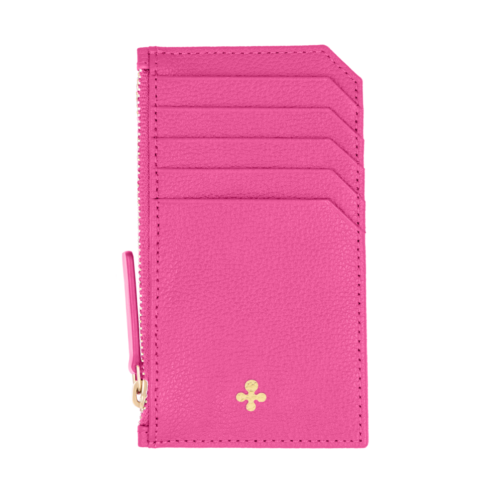 Card holder skórzany w kolorze fuksjowym z wytłoczoną koniczyną