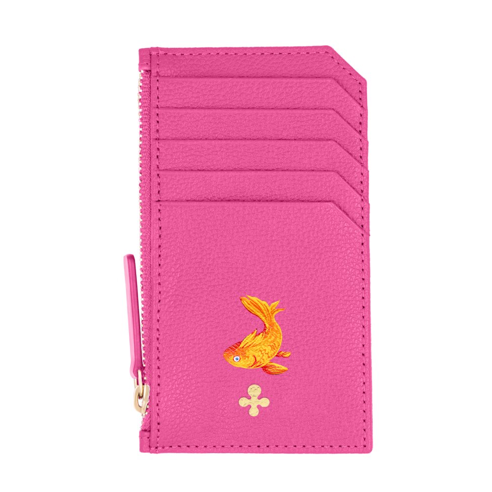 Card holder skórzany w kolorze fuksjowym z wytłoczoną koniczyną