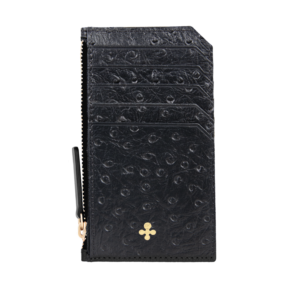 Card holder czarny we wzór skóry strusia z wytłoczoną koniczyną
