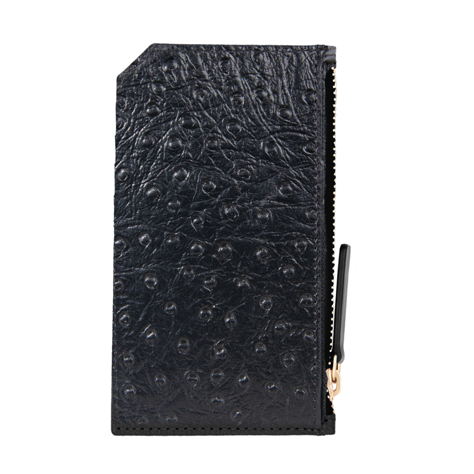 Card holder czarny we wzór skóry strusia z wytłoczoną koniczyną