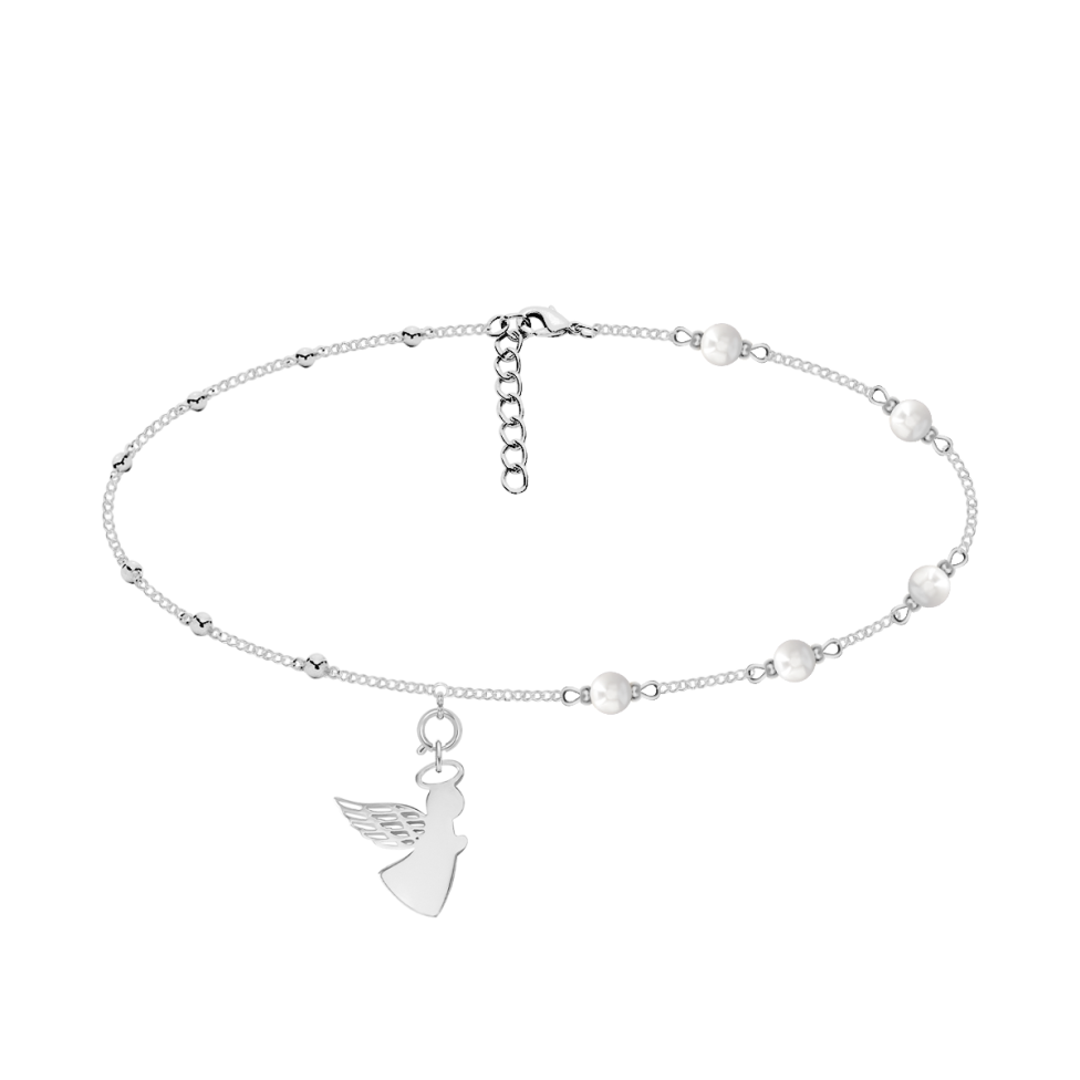 Choker z perłami z aniołkiem z ażurowym skrzydłem posrebrzany