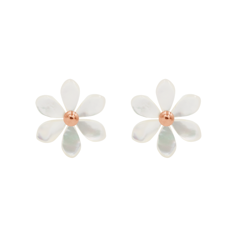 Kolczyki Flowers na sztyfcie różowe pozłocenie z niezapominajkami z masy perłowej