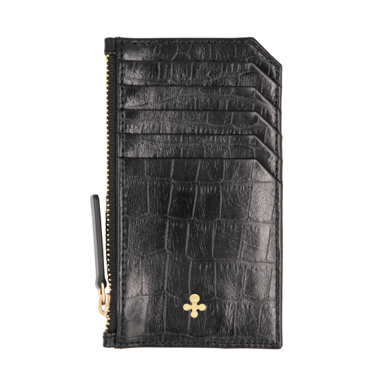 Card holder skórzany w kolorze czarnym z wytłoczoną koniczyną