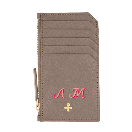 Card holder skórzany w kolorze mocca z wytłoczoną koniczyną