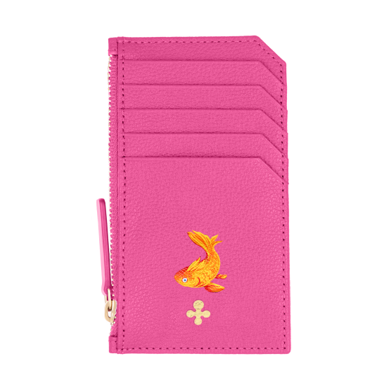 Card holder skórzany w kolorze fuksjowym z wytłoczoną koniczyną