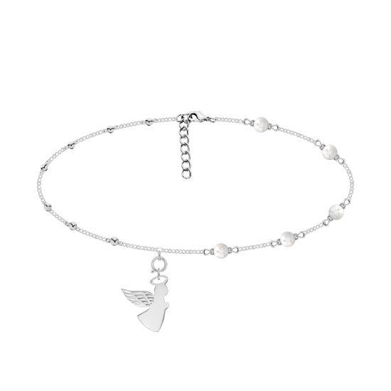 Choker z perłami z aniołkiem z ażurowym skrzydłem posrebrzany