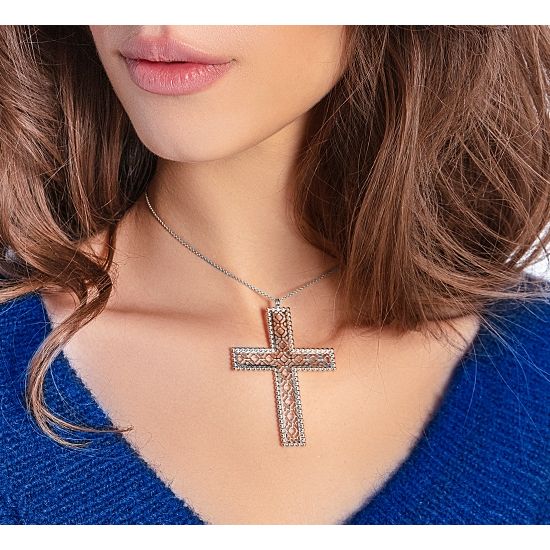 Naszyjnik z posrebrzanym Krzyżem Barok 6,5 cm na łańcuszku Kulki